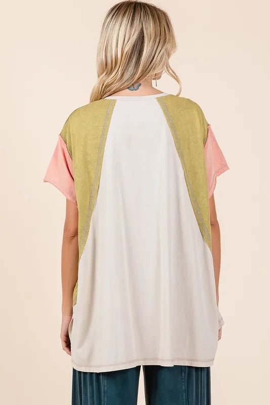 Mittoshop Color Block V-Neck Short Sleeve T-Shirt for Women - Love Salve